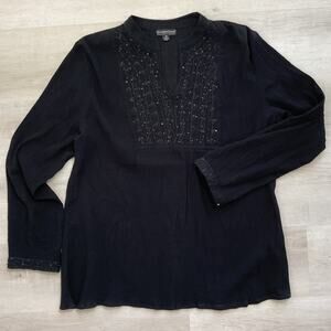 Greater Good Boho Chic Womens Black Beaded Cotton Tunic 1XL